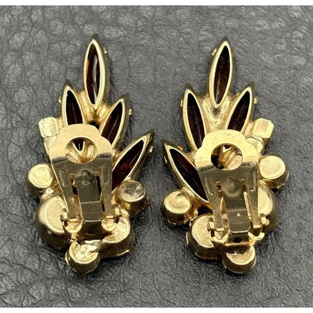 Vintage Aurora Borealis AB Rhinestone Navette Clip On Earrings Gold Tone